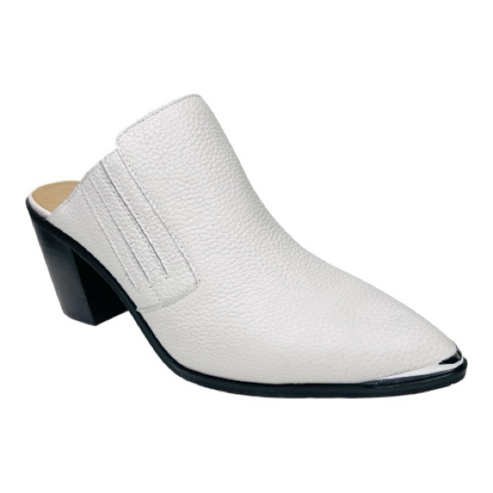 NYDJ Wilma White Leather Pointed Toe Stacked Heel Slip On Mules Size 9